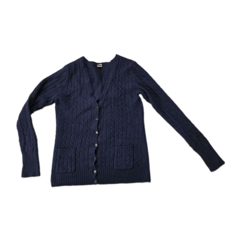 J.Crew Navy Cable Knit Merino Wool Angora Cashmere Blend Cardigan Size M GUC